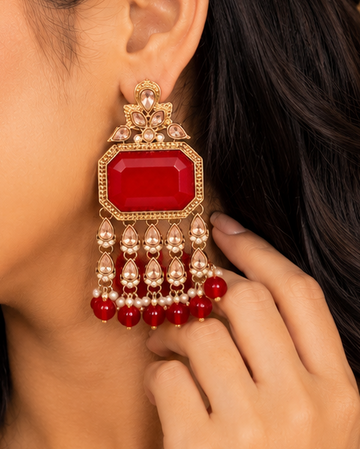 Antique Gold Ruby Polki Tassel Earrings with Pearl Drops | OLT140