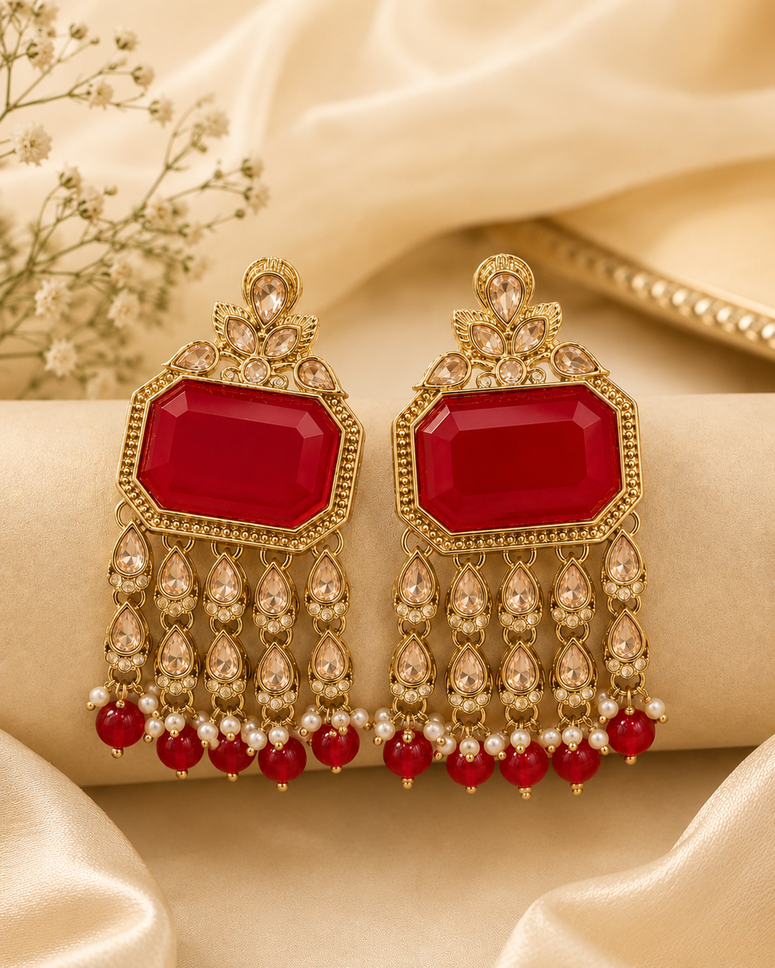Antique Gold Ruby Polki Tassel Earrings with Pearl Drops | OLT140