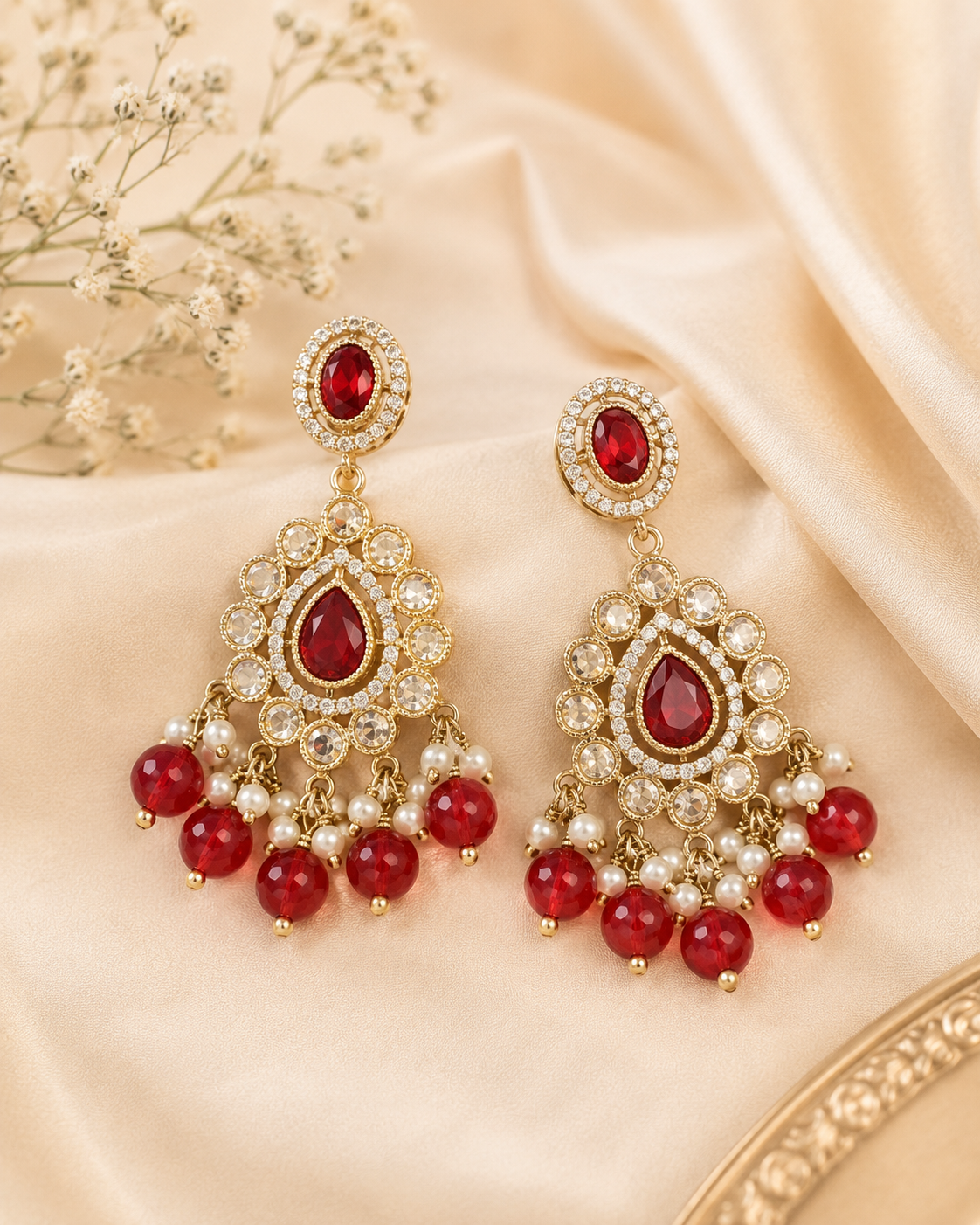 Gold Ruby Red Teardrop Polki Chandbali Earrings | OLT122