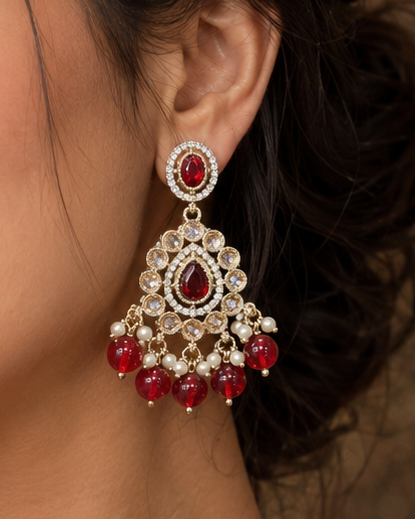 Gold Ruby Red Teardrop Polki Chandbali Earrings | OLT122