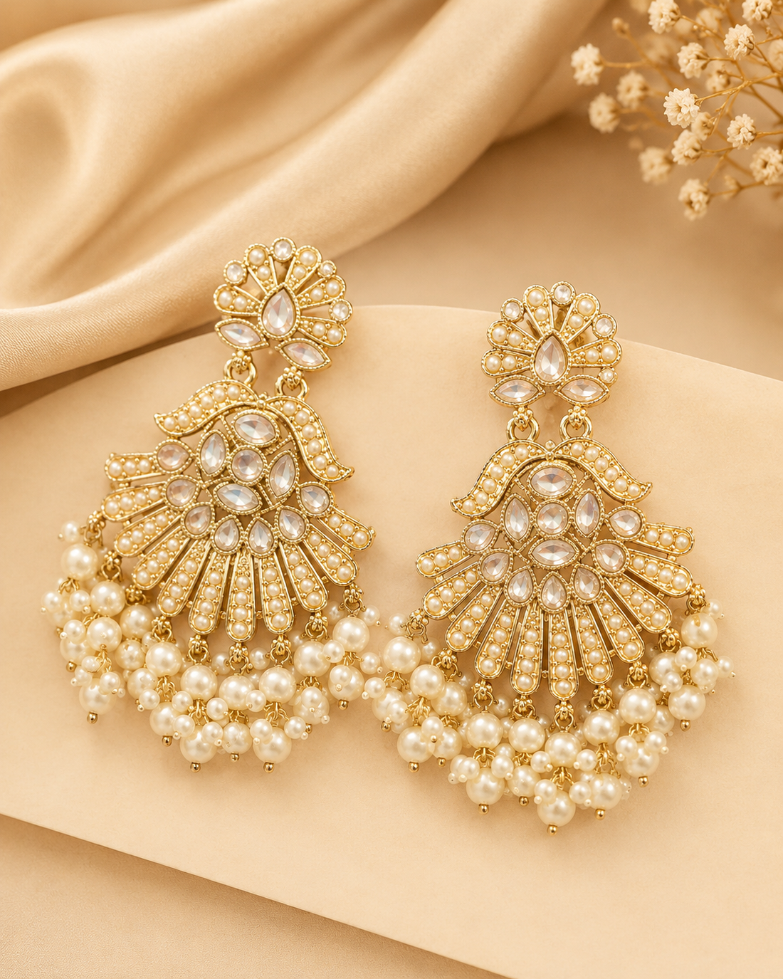 Gold Polki Pearl Fan Chandbali Earrings | OLT139
