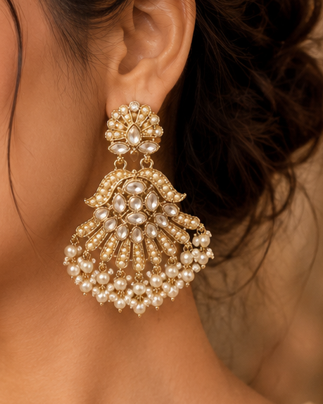 Gold Polki Pearl Fan Chandbali Earrings | OLT139
