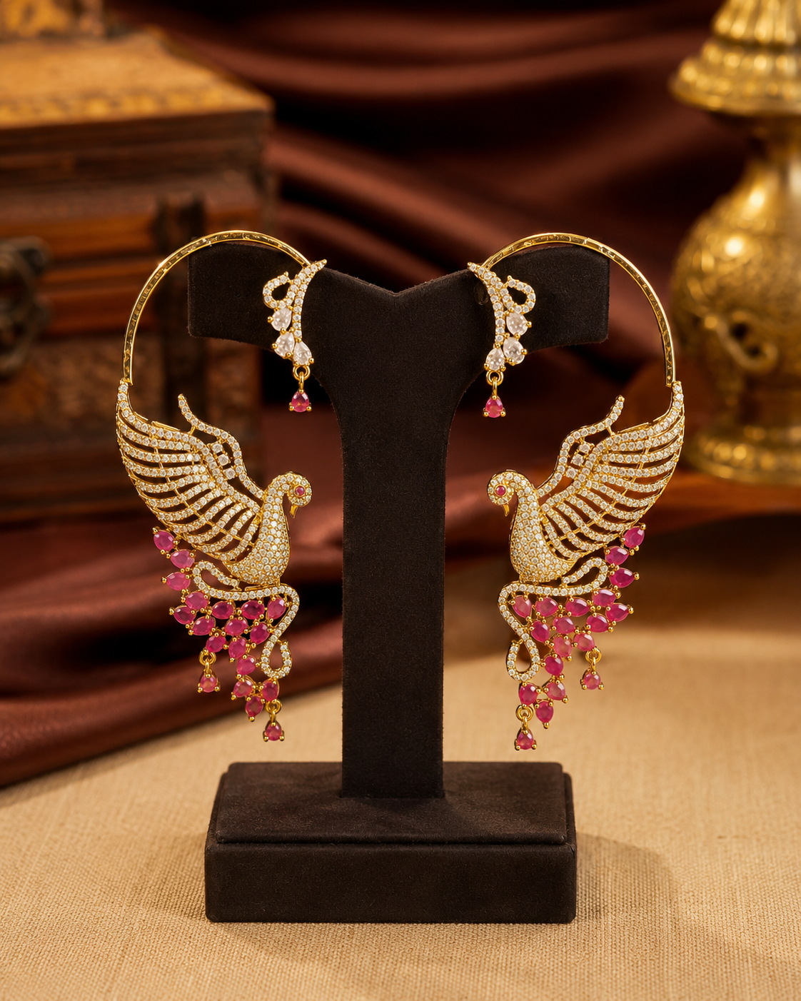 Gold CZ Swan Hoop Earrings with CZ-Paved Wings & Ruby Oval Tail Drops | OG61