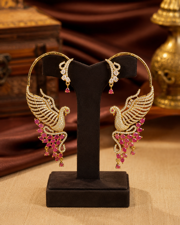 Gold CZ Swan Hoop Earrings with CZ-Paved Wings & Ruby Oval Tail Drops | OG61