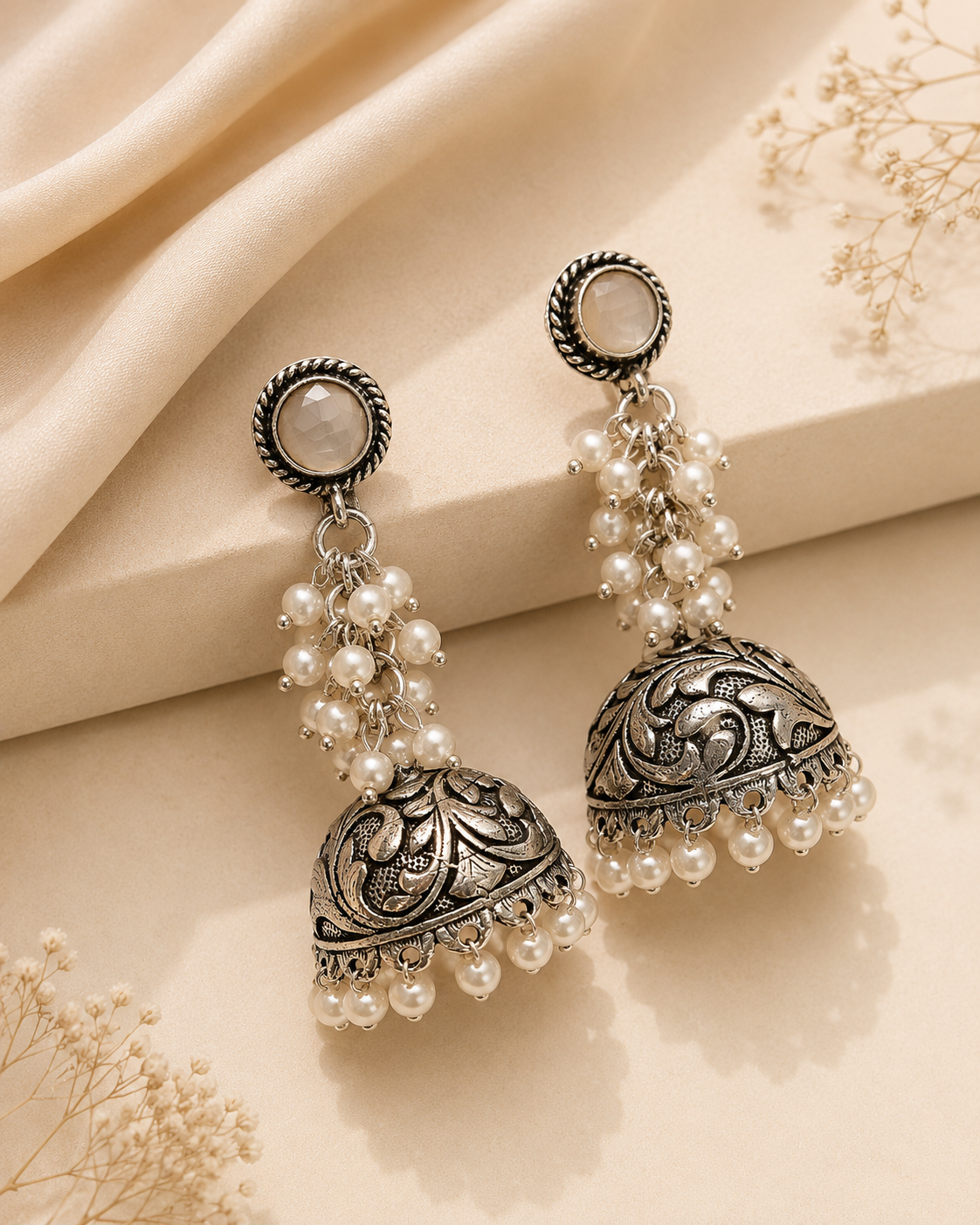 Oxidised Silver Moonstone Jhumka Earrings with Pearls | OLT88