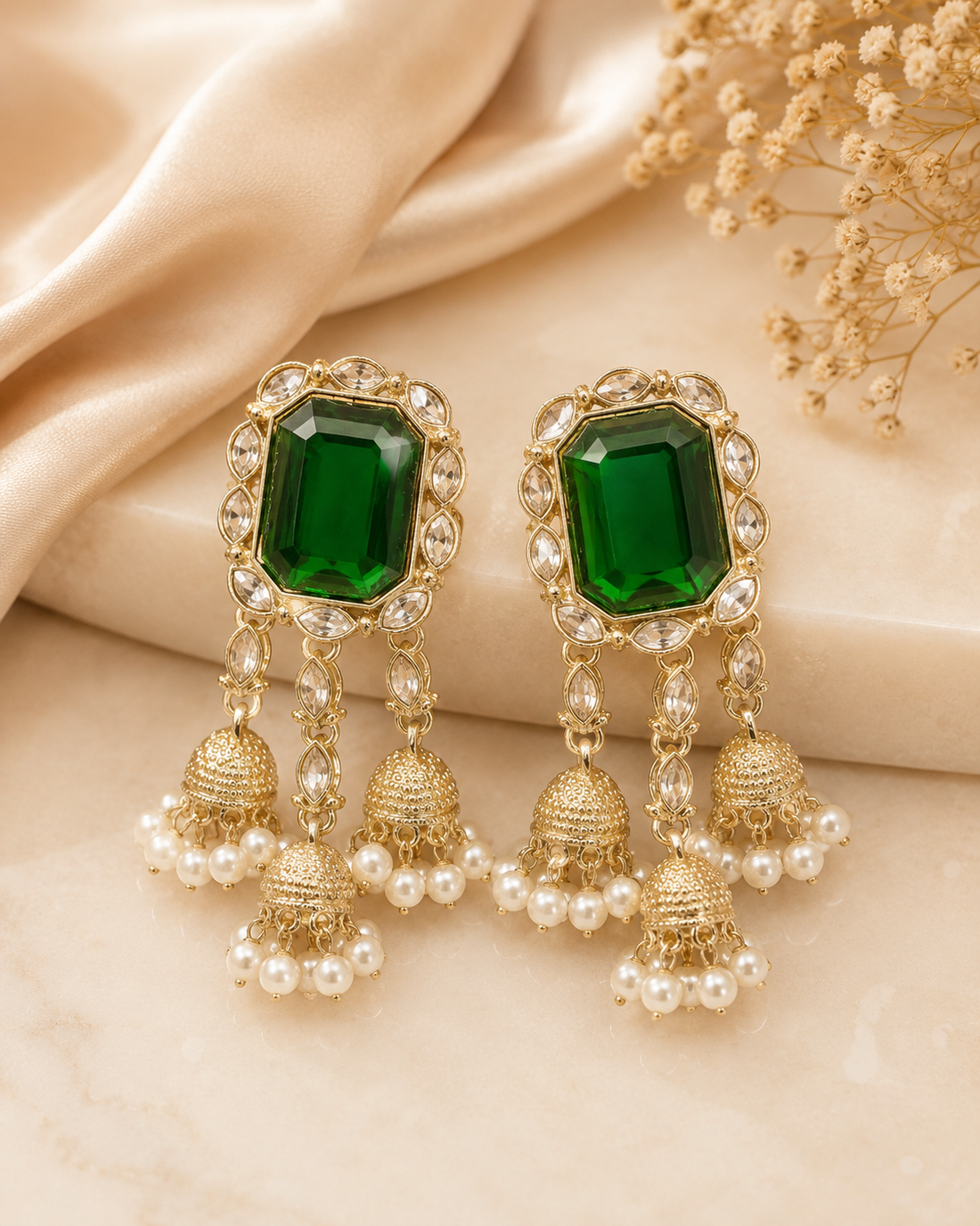 Gold Emerald Triple Jhumka Tassel Earrings with Pearls | OLT148