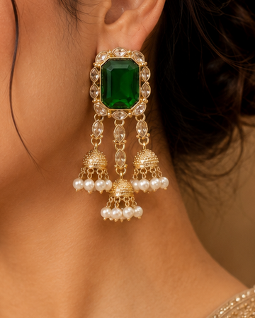 Gold Emerald Triple Jhumka Tassel Earrings with Pearls | OLT148