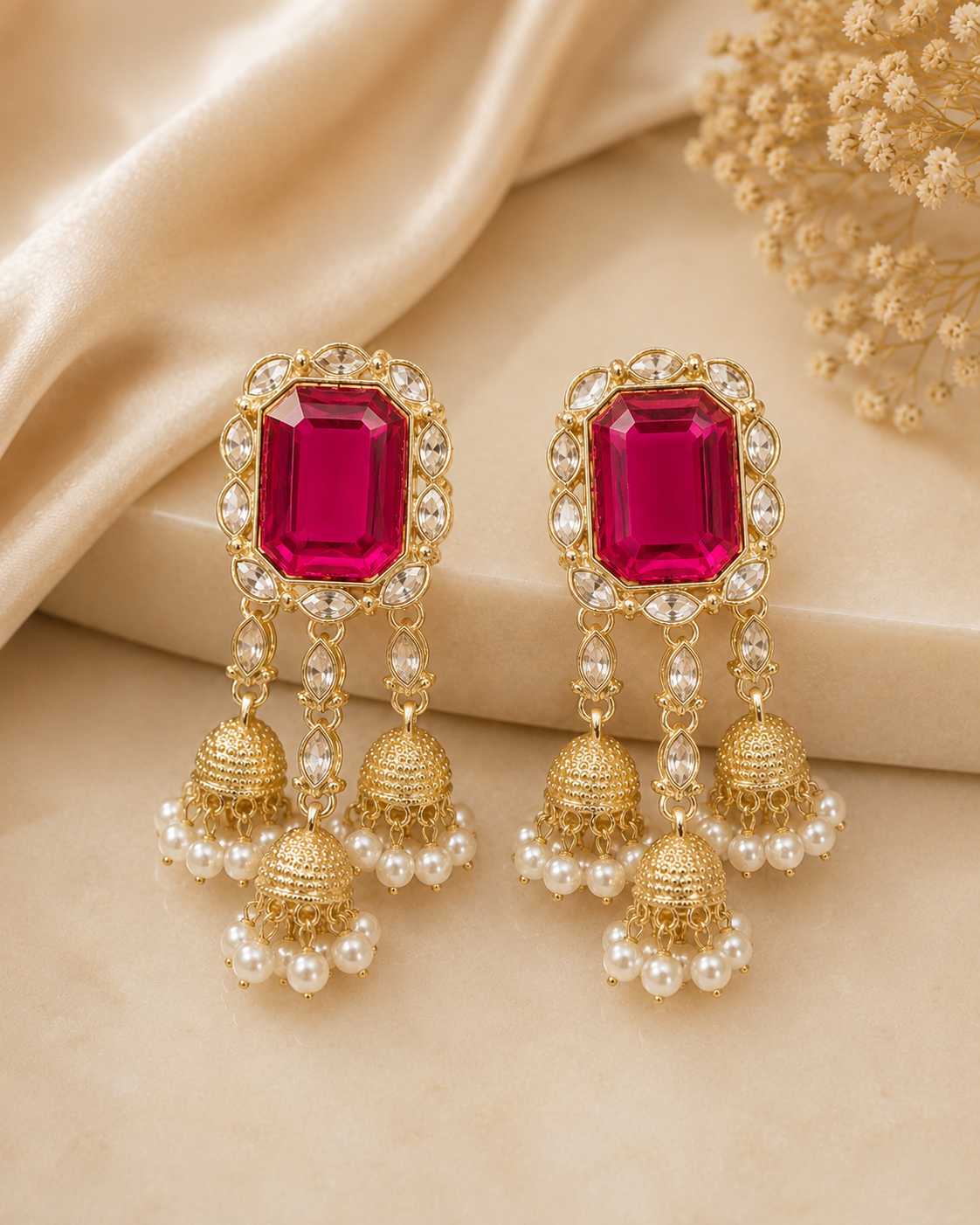 Gold Emerald Triple Jhumka Tassel Earrings with Pearls | OLT148