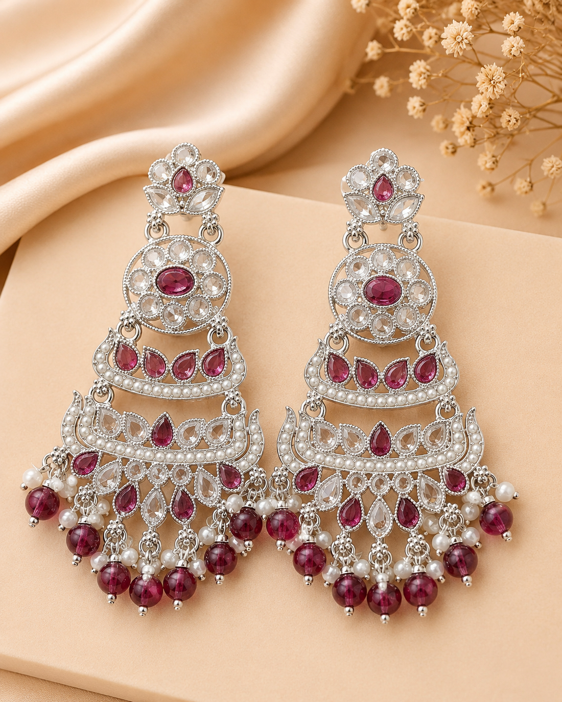 Silver Wine Tiered Chandbali Earrings with Garnet Drops | OLT141