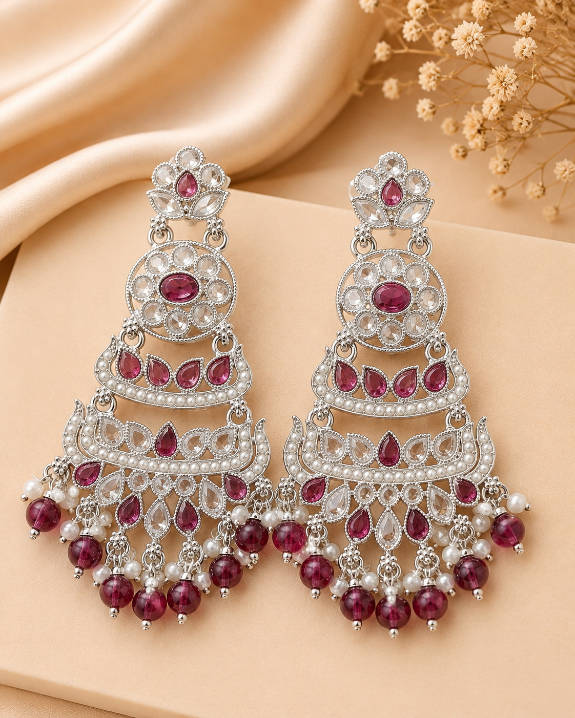 Silver Wine Tiered Chandbali Earrings with Garnet Drops | OLT141
