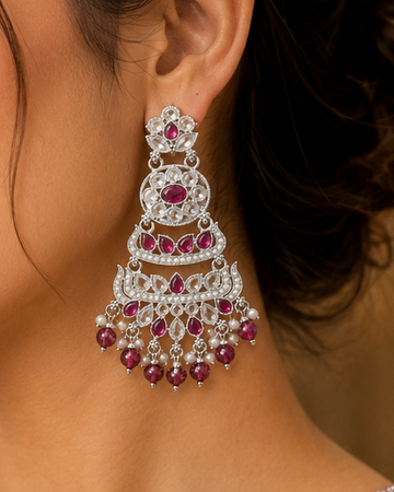 Silver Wine Tiered Chandbali Earrings with Garnet Drops | OLT141
