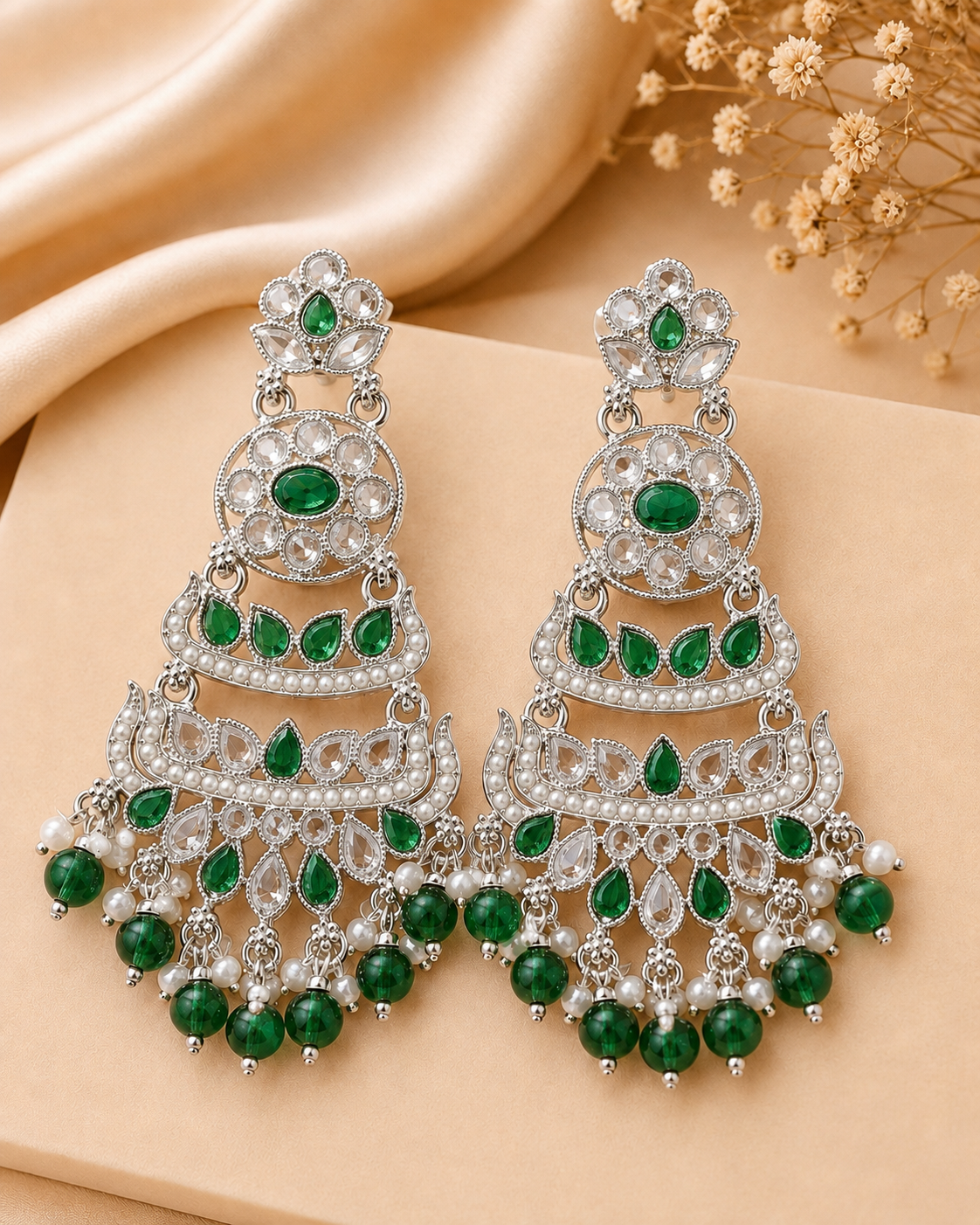 Silver Wine Tiered Chandbali Earrings with Garnet Drops | OLT141