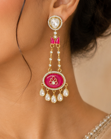 Gold Hot Pink Meenakari Oval Chandbali Earrings | OLT145
