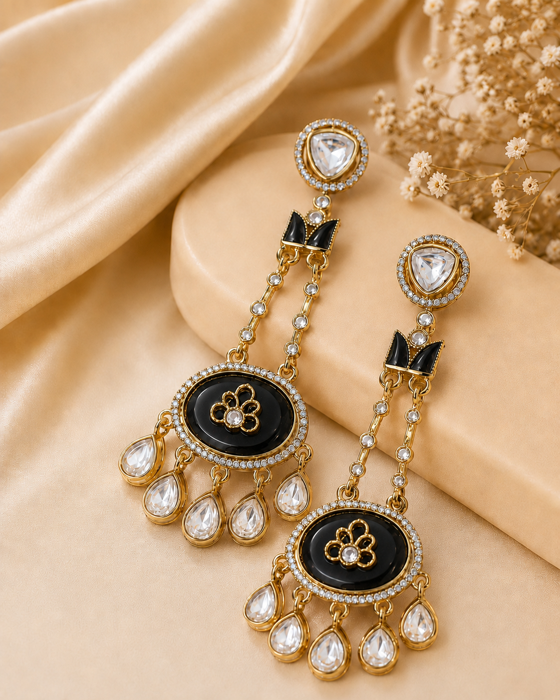 Gold Hot Pink Meenakari Oval Chandbali Earrings | OLT145