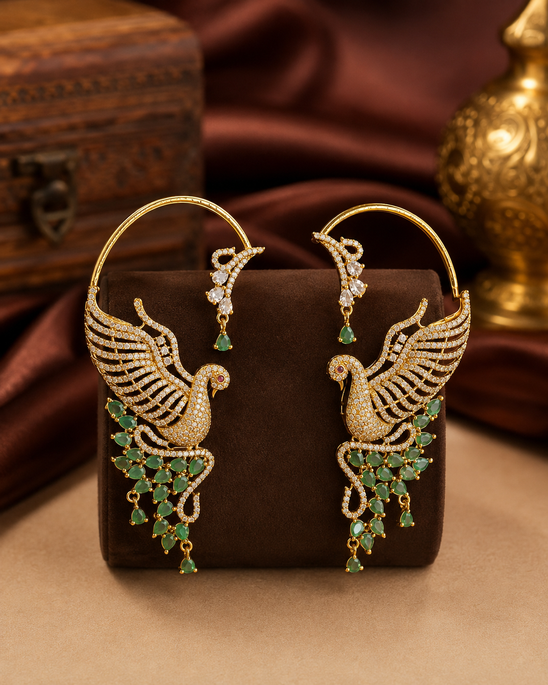Gold CZ Swan Hoop Earrings with CZ-Paved Wings & Ruby Oval Tail Drops | OG61