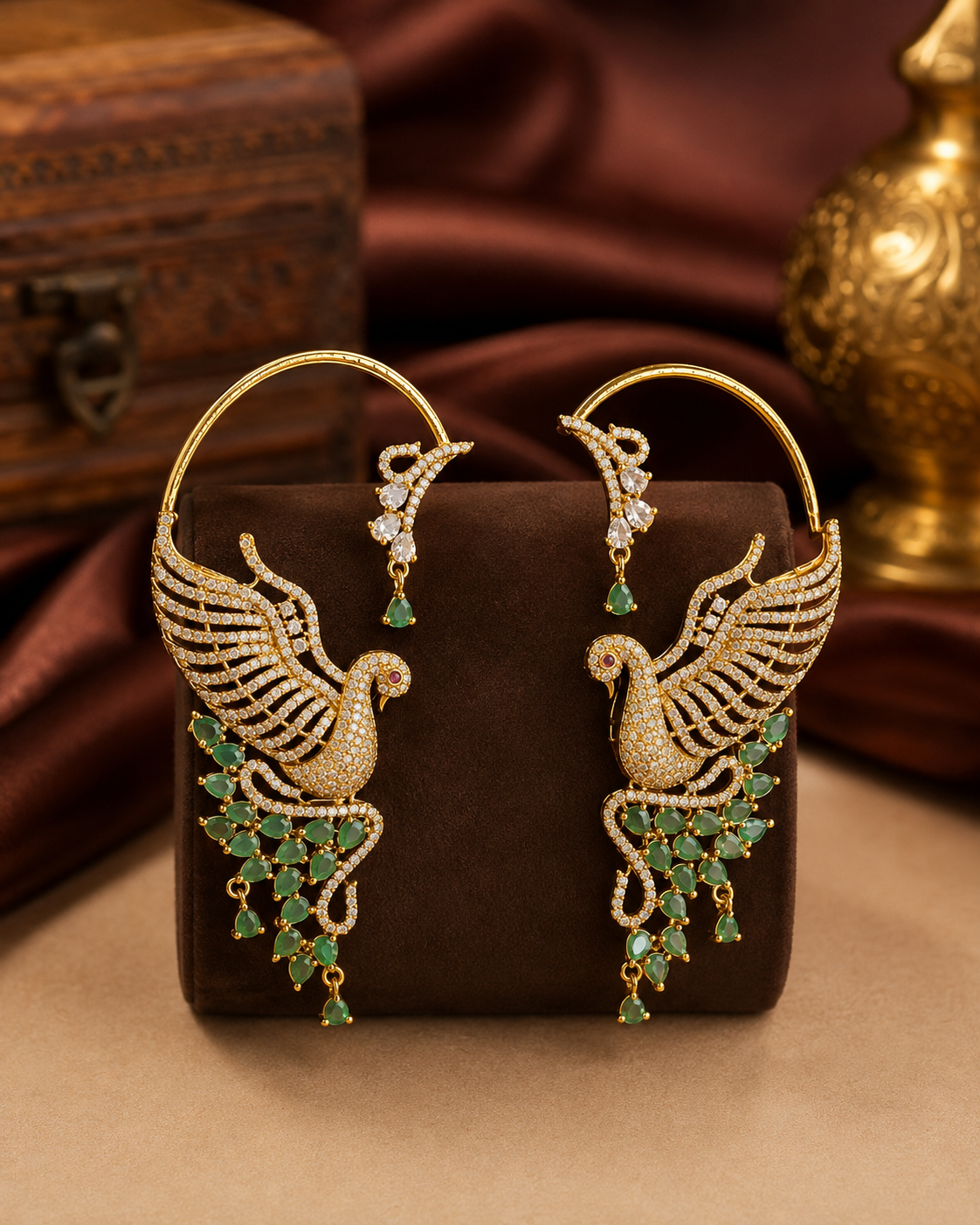Gold CZ Swan Hoop Earrings with CZ-Paved Wings & Ruby Oval Tail Drops | OG61
