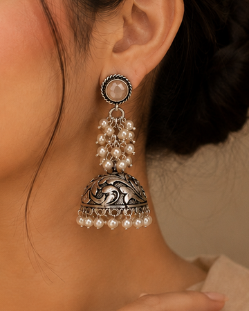 Oxidised Silver Moonstone Jhumka Earrings with Pearls | OLT88