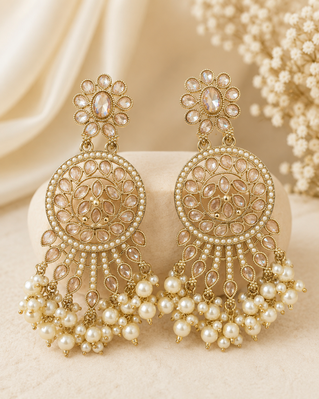 Gold Polki Filigree Disc Chandbali Earrings with Pearls | OLT138