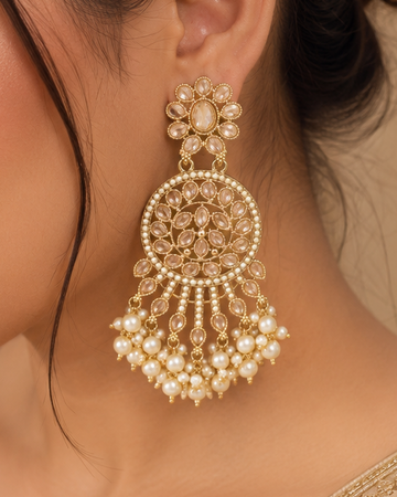 Gold Polki Filigree Disc Chandbali Earrings with Pearls | OLT138