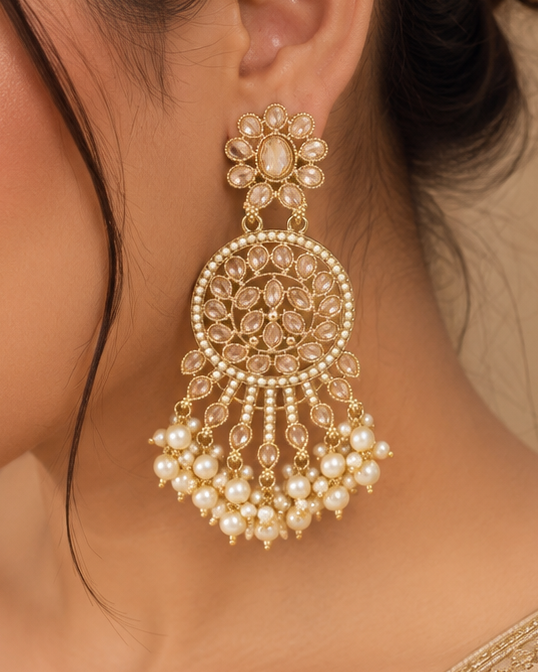 Gold Polki Filigree Disc Chandbali Earrings with Pearls | OLT138