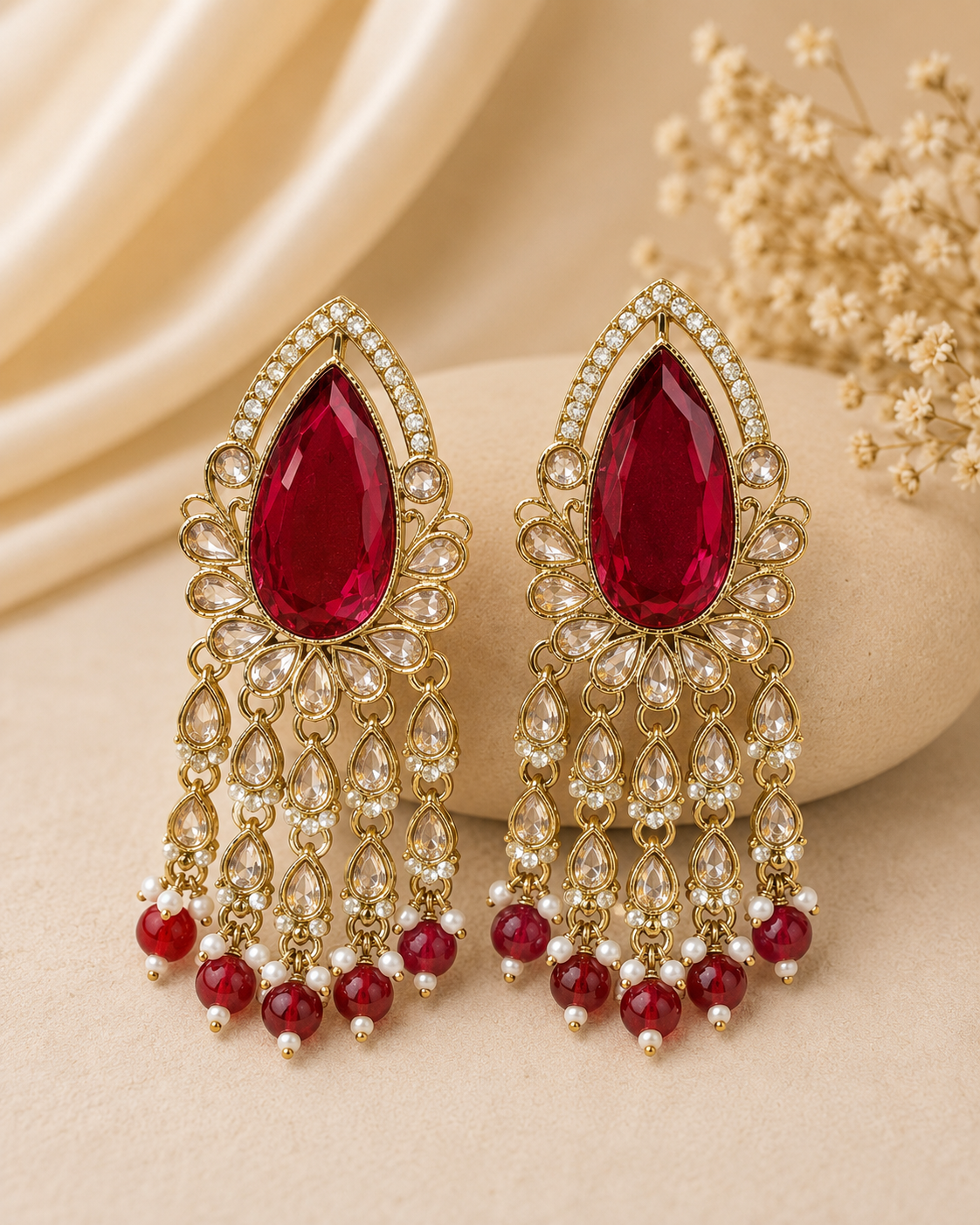 Gold Large Ruby Red Teardrop Polki Tassel Earrings | OLT140