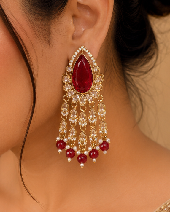 Gold Large Ruby Red Teardrop Polki Tassel Earrings | OLT140