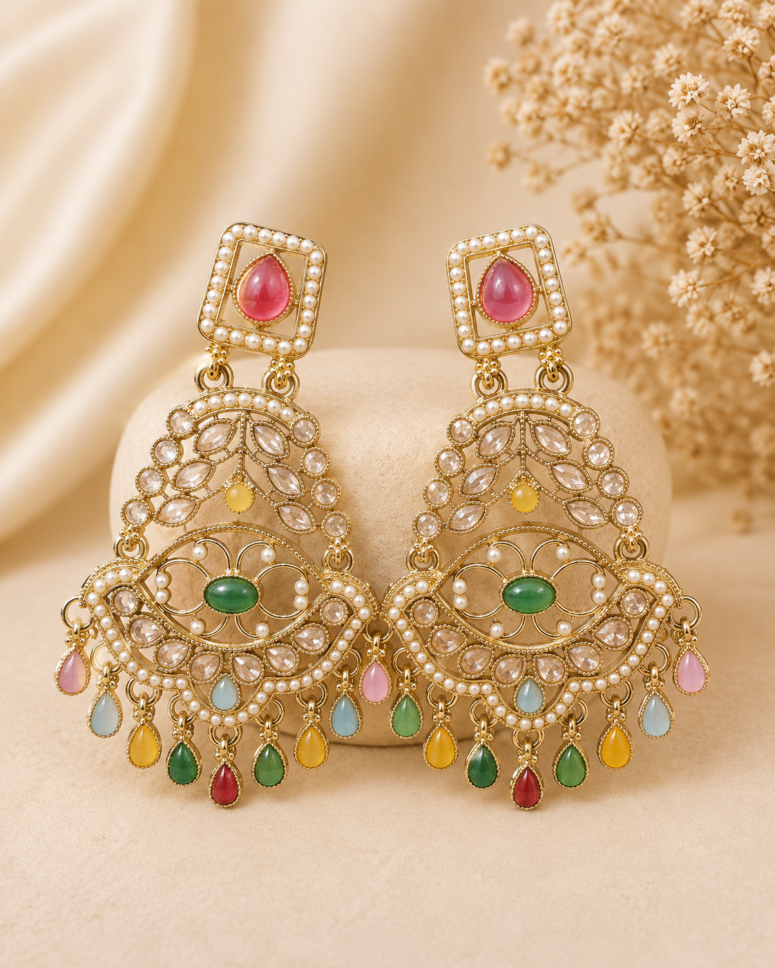 Gold Multicolour Navratan Filigree Chandbali Earrings | OLT114