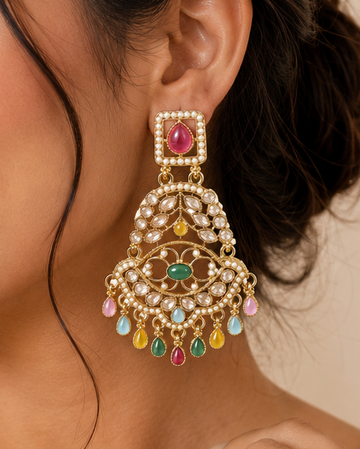 Gold Multicolour Navratan Filigree Chandbali Earrings | OLT114