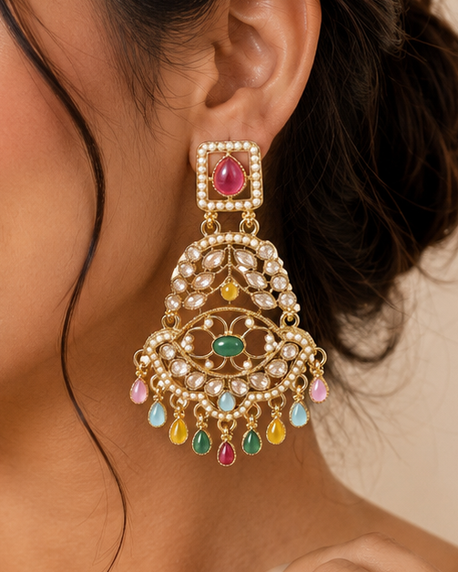 Gold Multicolour Navratan Filigree Chandbali Earrings | OLT114