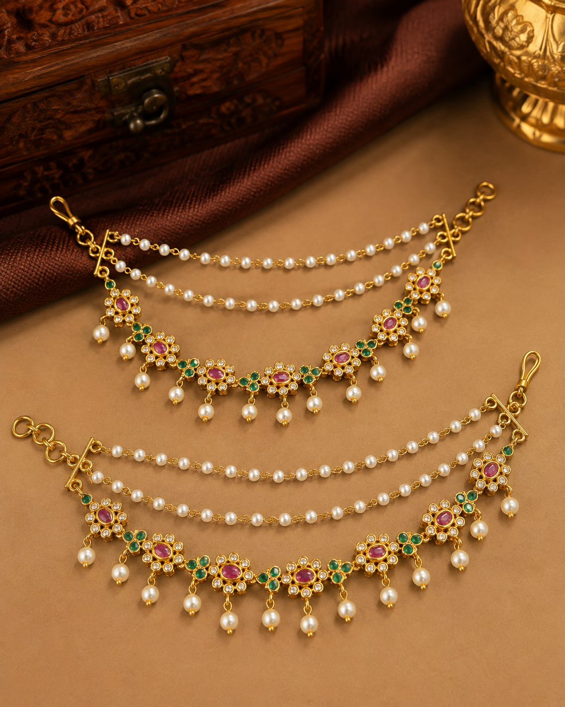 Gold CZ Floral Ear Chain Earrings with Ruby Emerald Stones & Pearl Drop Fringe | OG38