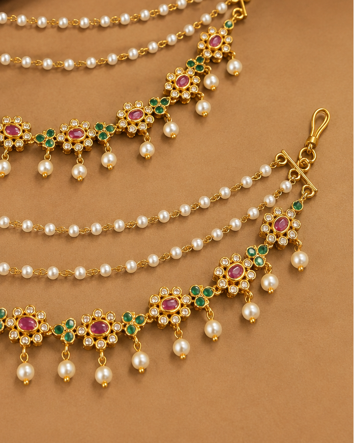 Gold CZ Floral Ear Chain Earrings with Ruby Emerald Stones & Pearl Drop Fringe | OG38