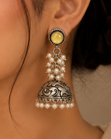 Oxidised Silver Moonstone Jhumka Earrings with Pearls | OLT88
