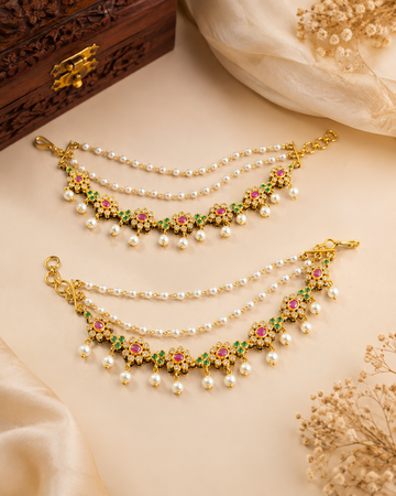 Antique Gold CZ Floral Ear Chain Earrings with Ruby Emerald Stones & Pearl Drops | OG42