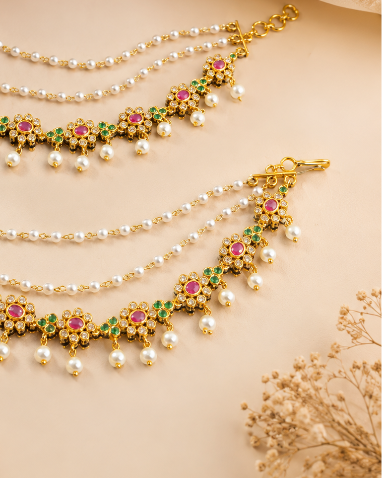 Antique Gold CZ Floral Ear Chain Earrings with Ruby Emerald Stones & Pearl Drops | OG42