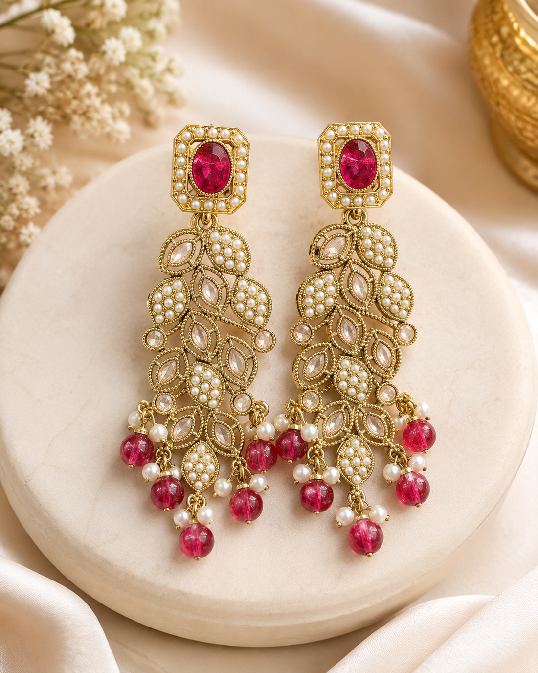 Gold Ruby Pearl Leaf Cascade Earrings with Pink Drops | OLT115