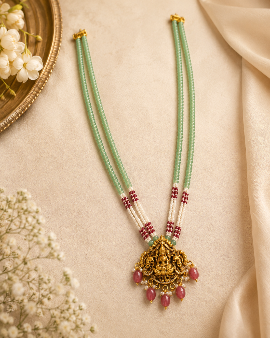 Antique Gold Long Necklace with Mint Green Bead Chain & Pink Stone Drops |  L21250