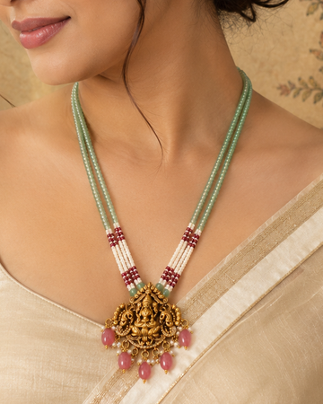 Antique Gold Long Necklace with Mint Green Bead Chain & Pink Stone Drops |  L21250