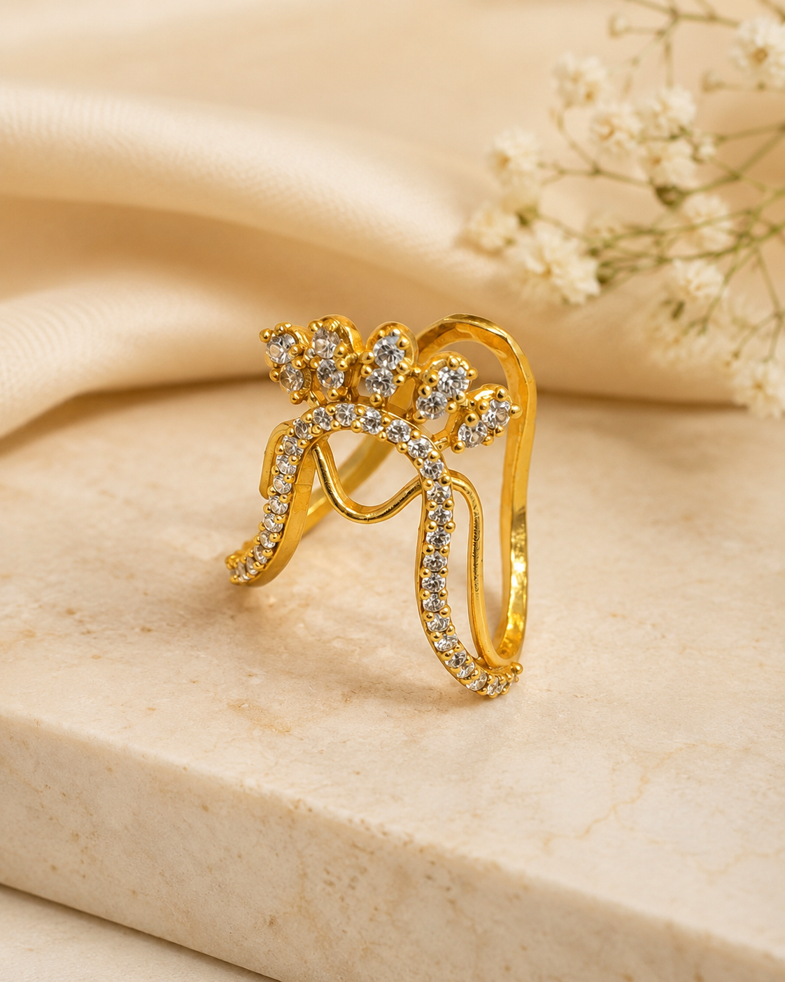 Gold CZ Crown Floral Finger Ring with Pave Band | ONK69