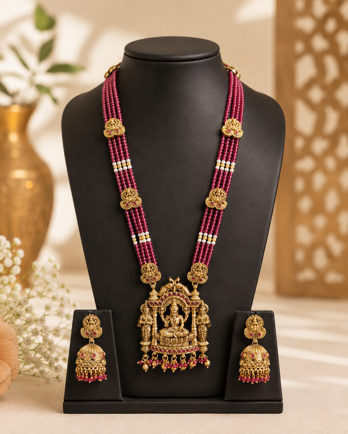 Antique Gold Long Haram with Ruby Bead Chain & Jhumka Earrings | L24009