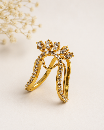 Gold CZ Crown Floral Finger Ring with Pave Band | ONK69