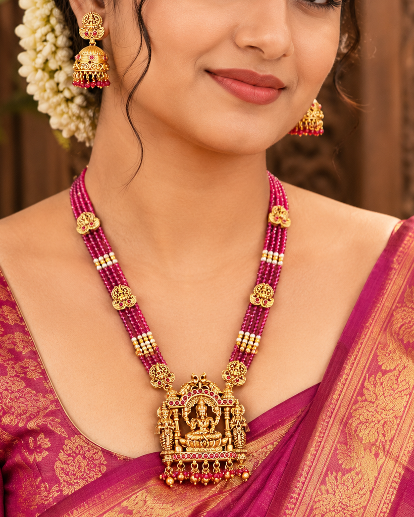 Antique Gold Long Haram with Ruby Bead Chain & Jhumka Earrings | L24009