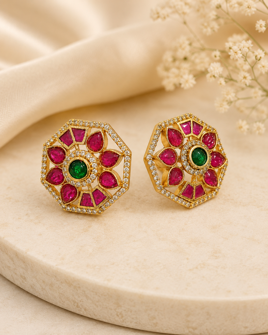 Gold Ruby Emerald Octagonal Floral Stud Earrings | ONK67