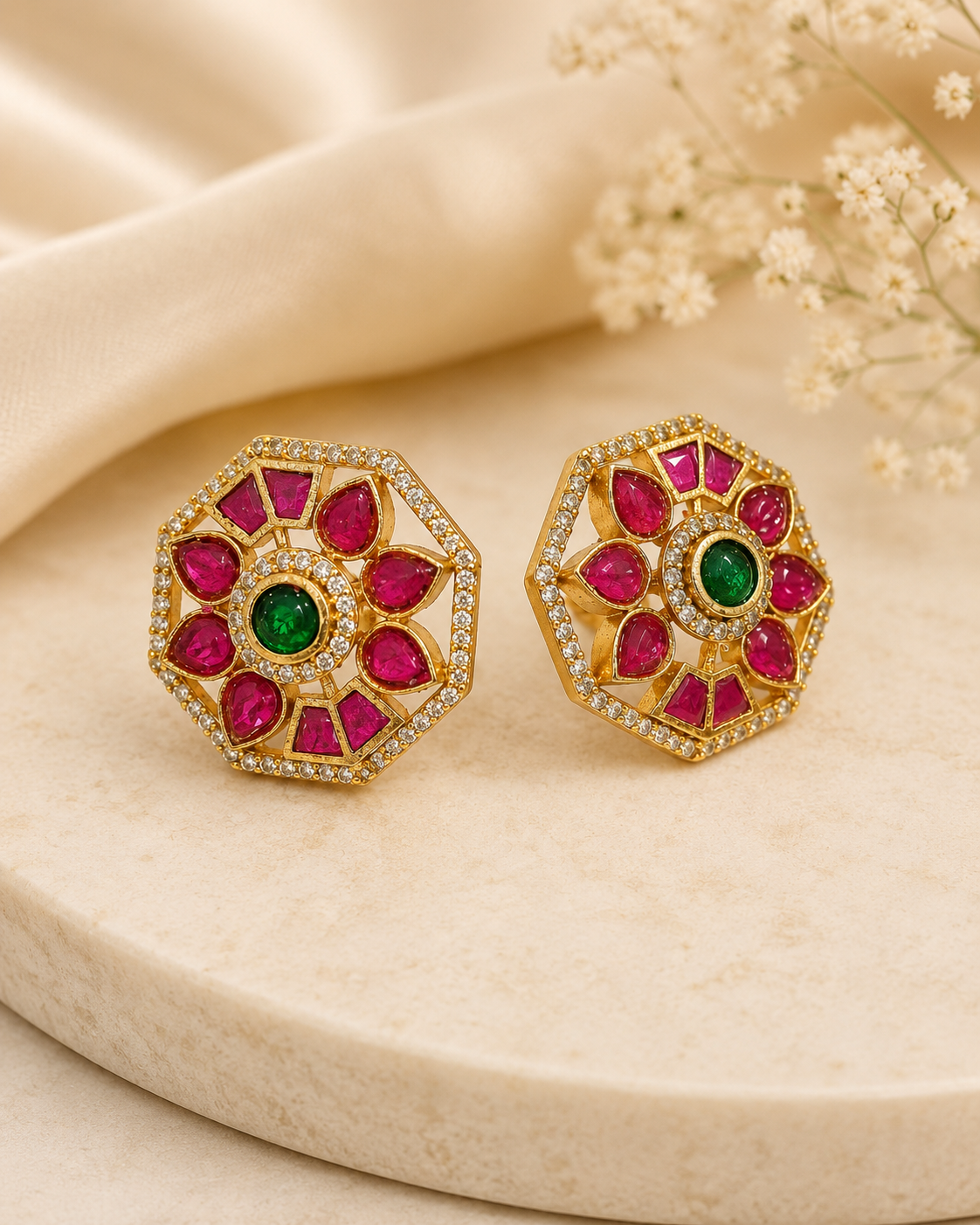 Gold Ruby Emerald Octagonal Floral Stud Earrings | ONK67