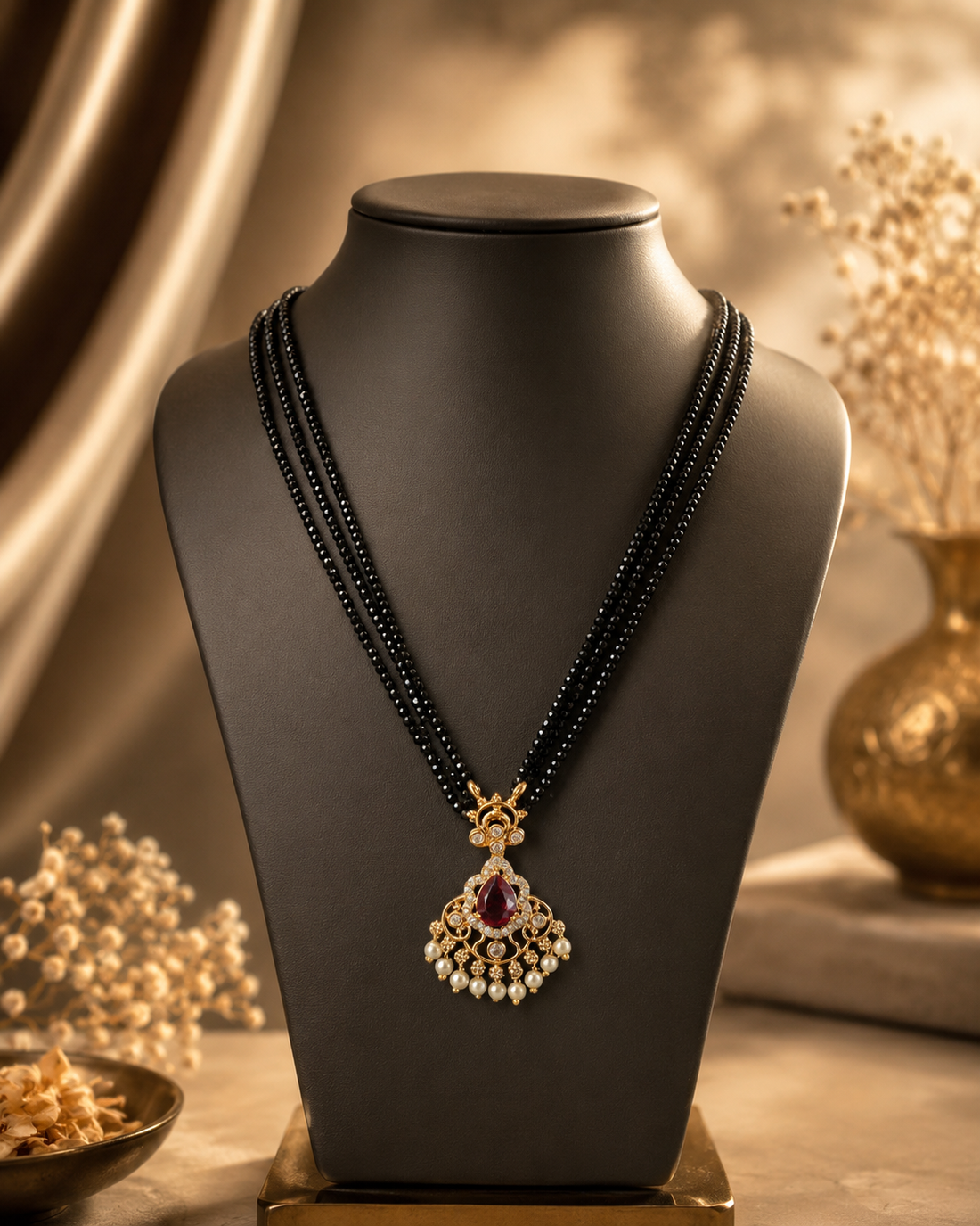 Gold Triple-Strand Black Bead Necklace with Ruby Teardrop CZ Chandbali Pendant | MV50