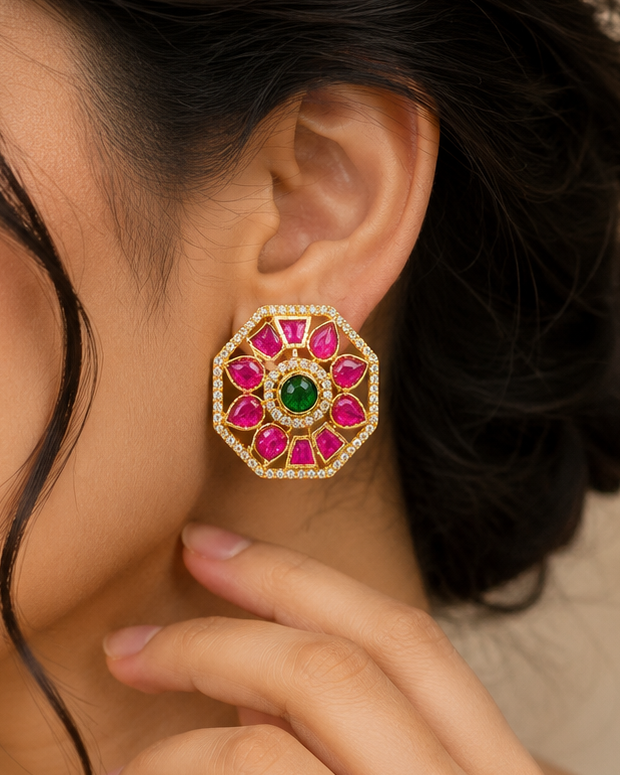Gold Ruby Emerald Octagonal Floral Stud Earrings | ONK67