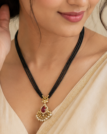Gold Triple-Strand Black Bead Necklace with Ruby Teardrop CZ Chandbali Pendant | MV50