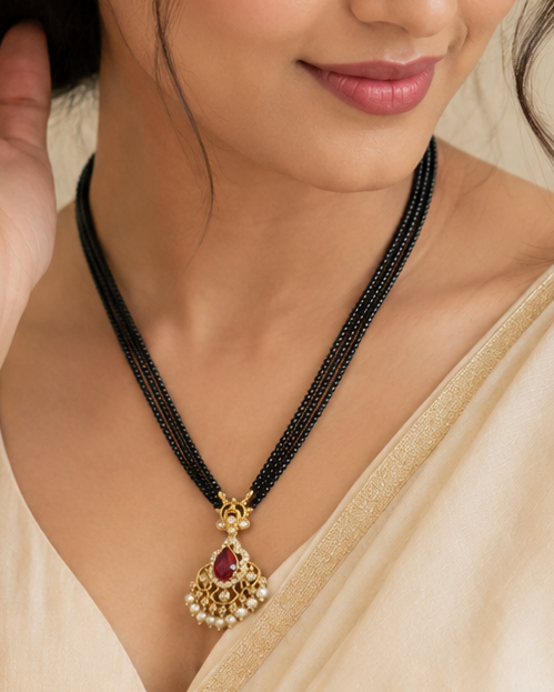 Gold Triple-Strand Black Bead Necklace with Ruby Teardrop CZ Chandbali Pendant | MV50