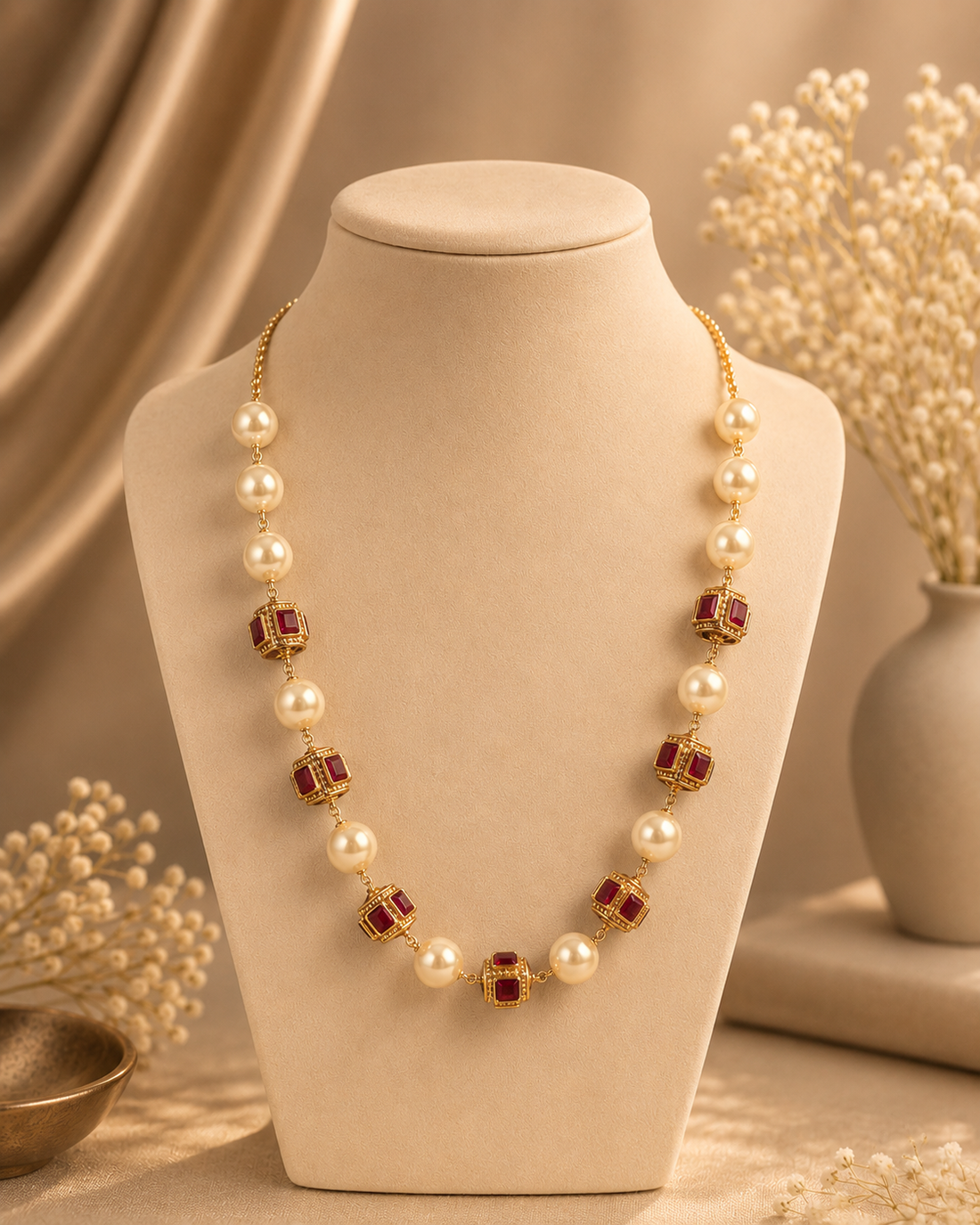 Gold Pearl & Ruby Square Kemp Cube Bead Necklace with South Sea Pearls | LV1917