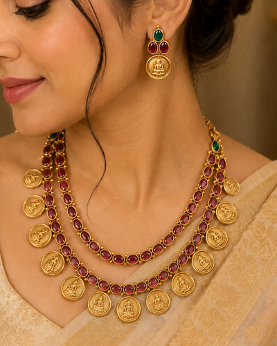 A close-up of a woman wearing a traditional Indian gold jewelry set, featuring a multi-strand necklace with gold coins and deep red stones, and matching drop earrings with green and red stones.