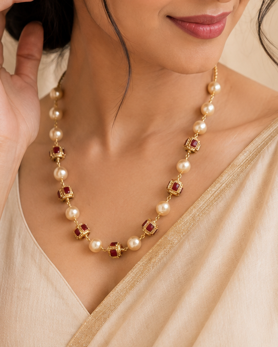 Gold Pearl & Ruby Square Kemp Cube Bead Necklace with South Sea Pearls | LV1917